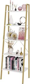 5 Tier Gold Bookshelf, Modern Ladder Storage Shelf with Metal Frame for Office Living Room,White and Gold Finish