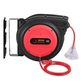 Retractable Extension Cord Reel, 65 FT, Heavy Duty 12AWG/3C SJTOW Retractable Power Cord with Lighted Triple Tap Outlet