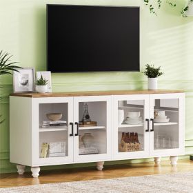 ON-TREND Farmhouse TV Stand with Tempered Glass Doors for TVs Up to 70", Versatile Sideboard with Adjustable Shelves